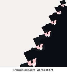 Abstract illustration of graduates in caps and gowns. Minimalist design with repeating pattern of graduates. Graduation theme with caps and gowns. Vintage art drawing, isolated vector element.