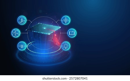 Abstract illustration of graduation cap made of glowing neon particles with education lineart icons. Blue geometric background depicting education and scholarship concept. Digital vector illustration