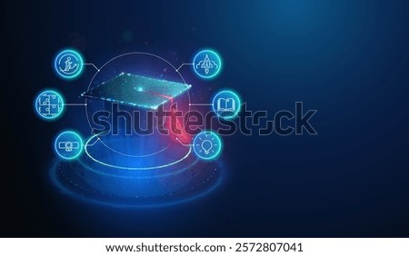 Abstract illustration of graduation cap made of glowing neon particles with education lineart icons. Blue geometric background depicting education and scholarship concept. Digital vector illustration