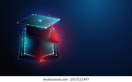 Abstract illustration of graduation cap over book made of glowing neon particles. Blue geometric background depicting education and scholarship concept. Digital vector illustration