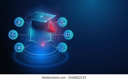 Abstract illustration of graduation cap over book made of glowing neon particles with lineart icons. Blue geometric background depicting education and scholarship concept. Digital vector illustration