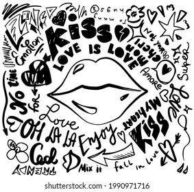 abstract illustration in graffity style with symbols of hearts and lips and slogans about love.