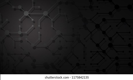 Abstract illustration of gray connecting lines and dots with shadows on black background