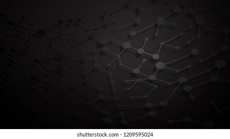 Abstract illustration of gray connecting lines and dots with shadows on black background
