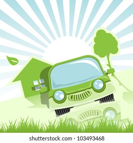 abstract illustration of a green car and tree