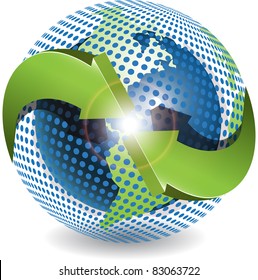 Abstract illustration green round arrows around globe