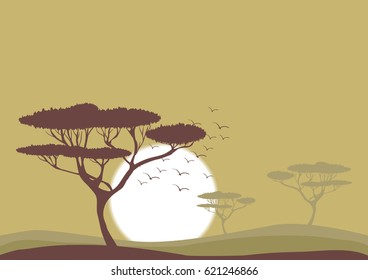 Abstract illustration of green savanna with acacia trees and setting sun
vector nature illustration, landscape