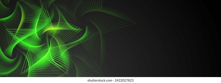 Abstract illustration with green spirograph figure in the form of star made of lines on a dark background