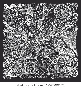 Abstract illustration with hand drawn zentangle square. Black and white vector frame with line art. Elements isolated on black background. 