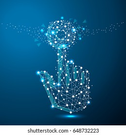 Abstract illustration of a hand in the form of a starry sky or space, consisting of points, lines, and shapes in the form of planets, stars and the universe. Vector business wireframe concept.