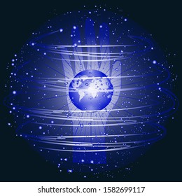 Abstract illustration - hand and globe - artificial intelligence - futuristic background - vector. Innovation technology concept.