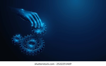 Ilustración Abstractas de la mano que instala el engranaje a la caja de cambios en estilo de baja poli. Fondo geométrico azul que representa el concepto de ingeniería de máquinas de tecnología mecánica por estructura de conexión de alambre