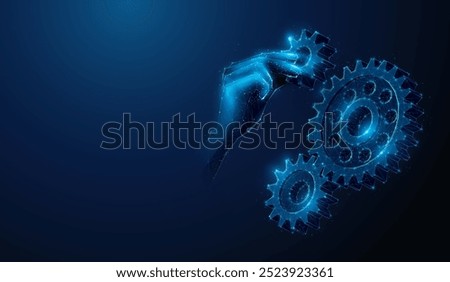 Abstract illustration of hand installing gear to gearbox in low poly style. Blue geometric background depicting mechanical technology machine engineering concept by wireframe connection structure