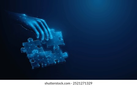 Ilustración Abstractas de la mano que junta el rompecabezas completo en estilo de baja poli. Fondo geométrico azul que representa la resolución de problemas y el concepto de trabajo en equipo de negocios por malla de alambre