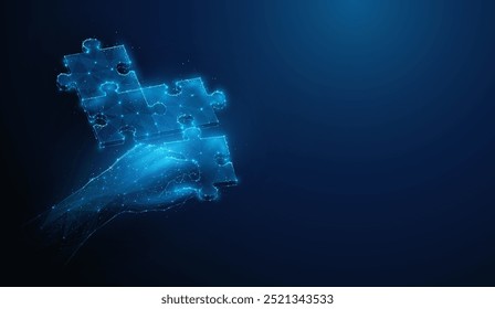 Ilustración Abstractas de la mano que junta el rompecabezas completo en estilo de baja poli. Fondo geométrico azul que representa la resolución de problemas y el concepto de trabajo en equipo de negocios por malla de alambre