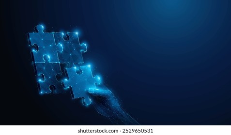 Abstract illustration of hand solving puzzle in low poly style. Blue geometric background depicting synergy partnership and business teamwork concept by wireframe connection structure