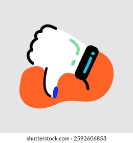 Abstract illustration of a hand with a thumbs-down gesture. Features bold lines and vibrant colors, emphasizing the thumbs-down symbol in a modern style. Isolated vector illustration.