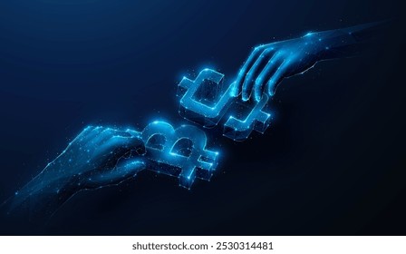 Ilustración Abstractas de manos con BTC Bitcoin y USD Dollar en estilo bajo poly. Fondo geométrico que muestra la criptomoneda, la tecnología blockchain, el concepto de mercado de valores de intercambio de tokens por wireframe