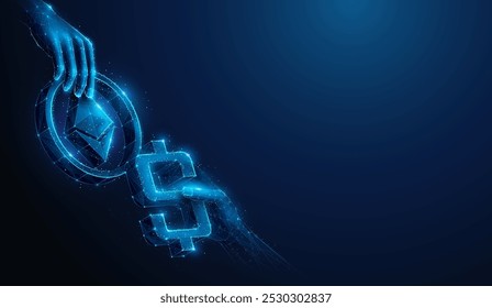 Ilustração abstrata de mãos com Ethereum ETH e dólar USD em baixo estilo poli. Fundo geométrico mostrando criptomoeda, tecnologia blockchain, token exchange mercado de ações conceito por wireframe