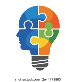 Abstract illustration of a head shaped like a lightbulb composed of four colorful puzzle pieces blue orange green and yellow