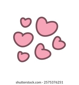 Abstract illustration with heart shapes. Hand drawn illustration of five pink hearts isolated on a white background. Kawaii St. Valentine day sticker. Vector 10 EPS.