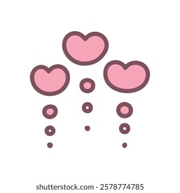 Abstract illustration with hearts. Hand drawn illustration of three pink heart shapes and little circles isolated on a white background. Kawaii romantic sticker. Vector 10 EPS.