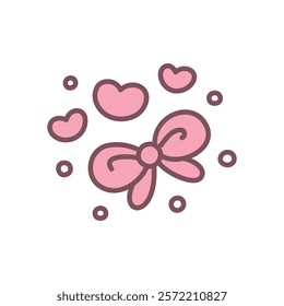 Abstract illustration with hearts, sparkles and bow. Cute hand drawn design element isolated on a white background. Kawaii St. Valentine day sticker. Vector 10 EPS.