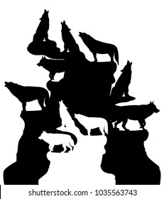 Abstract illustration, A herd of wolves howling at the moon, on top of a mountain, silhouette on a white background, vector