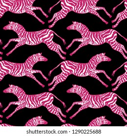 Abstract illustration herd of zebras, animal seamless pattern, fashion striped print, spring summer, design trendy fabric texture, tropical vector
