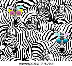 Abstract illustration herd of zebras, animal seamless pattern, fashion striped print, color black  white, spring summer, design  fabric texture, tropical  vector, two funny Zebra in sunglasses