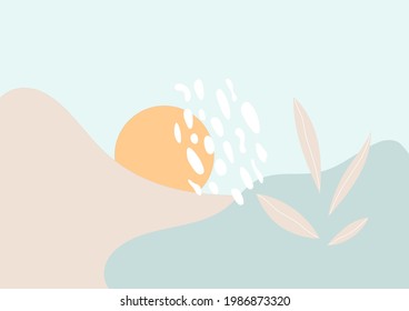 Abstract illustration with hills, sun, leaves and texture. Geometric simple vector background