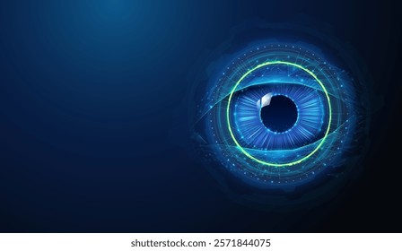 Abstract illustration of hud overlay over low poly human eye. Blue geometric background depicting computer vision, augmented reality, artificial intelligence technology concept by wireframe mesh