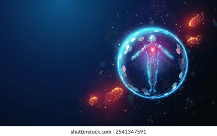 Ilustración Abstractas del cuerpo humano protegido por una barrera de escudo hecha de partículas de neón brillantes. Fondo geométrico azul que representa el concepto médico de atención médica y tratamiento de enfermedades. Arte vectorial digital