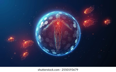 Ilustración Abstractas del cuerpo humano protegido por una barrera de escudo rodeada de microbios hechos de partículas de neón brillantes. Fondo geométrico azul que representa la atención médica y el tratamiento de enfermedades médico conc