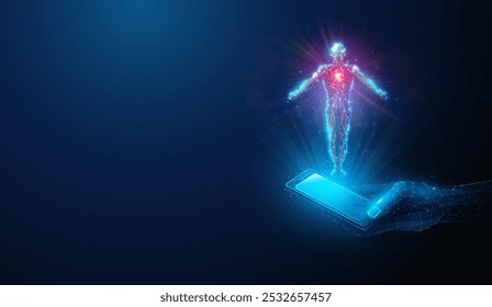 Ilustración Abstractas de la silueta del cuerpo humano hecha de partículas de neón sobre un teléfono inteligente de baja poli. Fondo geométrico que representa el monitoreo de salud del teléfono inteligente y el concepto de meditación por malla de alambre