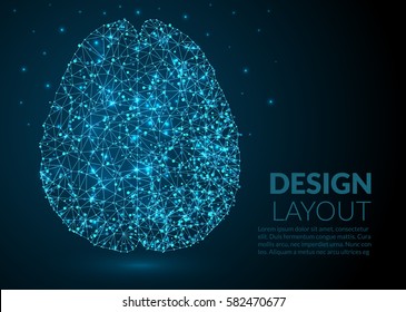 Abstract Illustration of human brain created of lines dots and lights on a dark background -  abstract space and stars - futuristic polygonal wireframe design