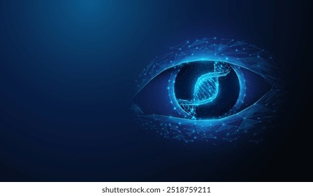 Ilustração abstrata da hélice de dna humana dentro da pupila ocular em baixo estilo poli. Fundo geométrico azul que retrata a genética humana, os olhos, o sistema de saúde e o conceito de medicina por estrutura de conexão wireframe