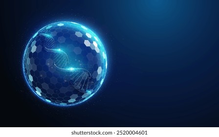 Ilustración Abstractas de la hélice del ADN humano protegida por una barrera de escudo hecha de partículas de neón brillantes. Fondo geométrico azul que representa el genoma humano concepto médico de atención médica