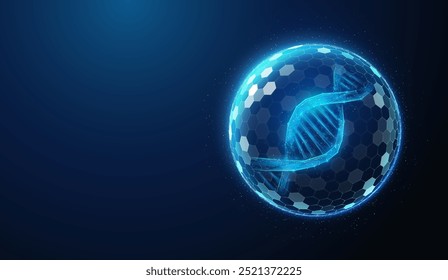 Ilustração abstrata da hélice do dna humano protegida pela barreira do escudo no estilo poli baixo. Fundo geométrico azul que representa o conceito médico do tratamento de saúde do genoma humano por estrutura de conexão wireframe