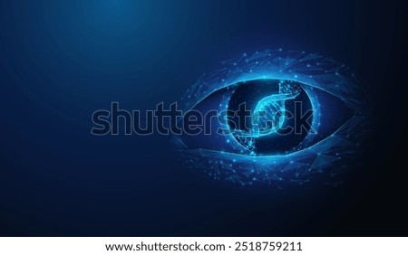 Abstract illustration of human dna helix inside eye pupil in low poly style. Blue geometric background depicting human genetics, eyes healthcare and medicine concept by wireframe connection structure