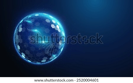 Abstract illustration of human dna helix protected by shield barrier made of glowing neon particles. Blue geometric background depicting human genome health care medical concept