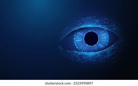 Abstract illustration of human eye in low poly style. Blue geometric background depicting human eyes vision healthcare and medicine concept by wireframe connection structure