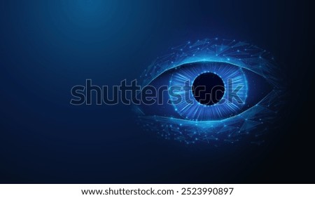 Abstract illustration of human eye in low poly style. Blue geometric background depicting human eyes vision healthcare and medicine concept by wireframe connection structure