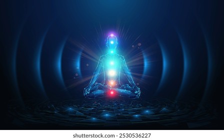 Abstract illustration of human figure floating in lotus yoga pose with glowing chakra points in low poly style. Geometric background depicting mental health and meditation concept by wireframe mesh