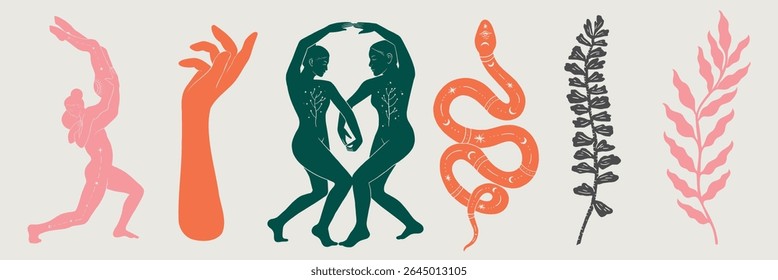 Abstract illustration with human figures, hands, and plants. Features dancing figures, hands, snake, and leaves in vibrant colors. Artistic and symbolic design. Spirituality vector set.