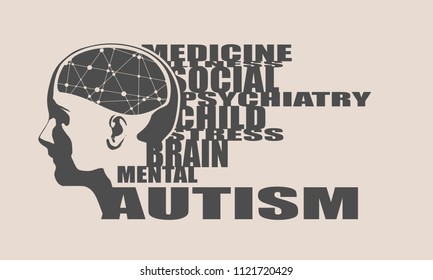 Abstract illustration of a human head with brain. Medical theme creative concept. Connected lines with dots. Autism disease tags cloud