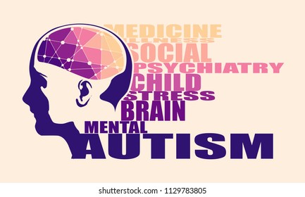 Abstract illustration of a human head with brain. Medical theme creative concept. Connected lines with dots. Autism disease tags cloud