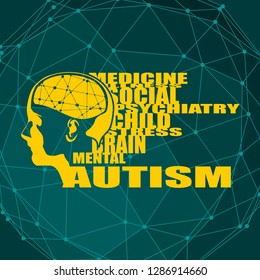 Abstract illustration of a human head with brain. Medical theme creative concept. Connected lines with dots. Autism disease tags cloud