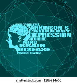 Abstract illustration of a human head with brain. Woman face silhouette. Medical theme creative concept. Connected lines with dots. Parkinsons syndrome disease tags cloud