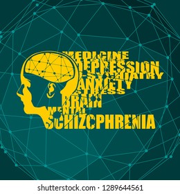 Abstract illustration of a human head with brain. Woman face silhouette. Medical theme creative concept. Connected lines with dots. Schizophrenia disease tags cloud